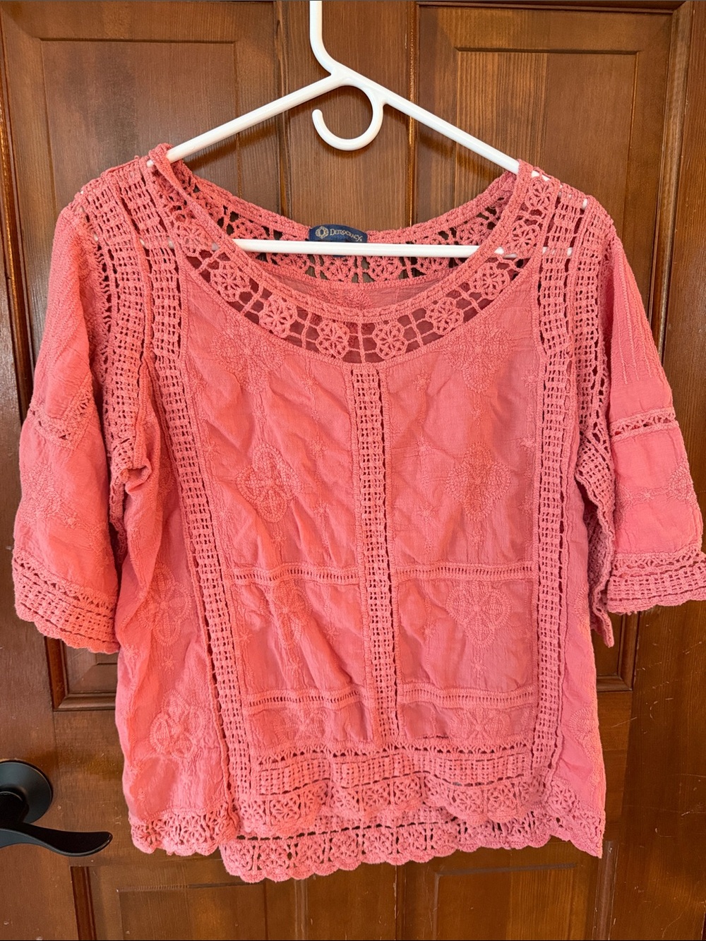 Democracy Coral Crochet Lace Boho Blouse